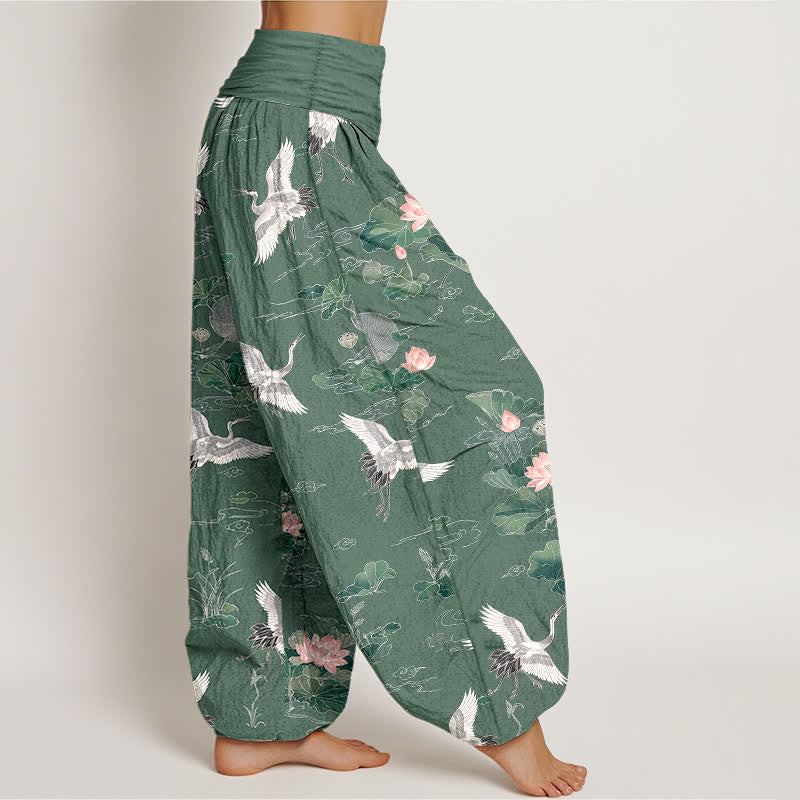 Buddha Stones Pantaloni harem da donna in cotone con elegante motivo a gru e loto, con elastico in vita. - image 1