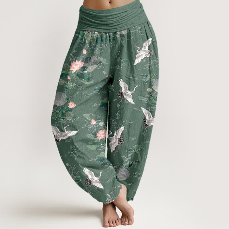 Buddha Stones Pantaloni harem da donna in cotone con elegante motivo a gru e loto, con elastico in vita. - Verde Mare Medio - US16, UK/AU20, EU48 (3XL) - image 0