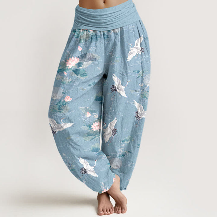 Buddha Stones Pantaloni harem da donna in cotone con elegante motivo a gru e loto, con elastico in vita. - Azzurro cielo chiaro - US16, UK/AU20, EU48 (3XL) - image 5
