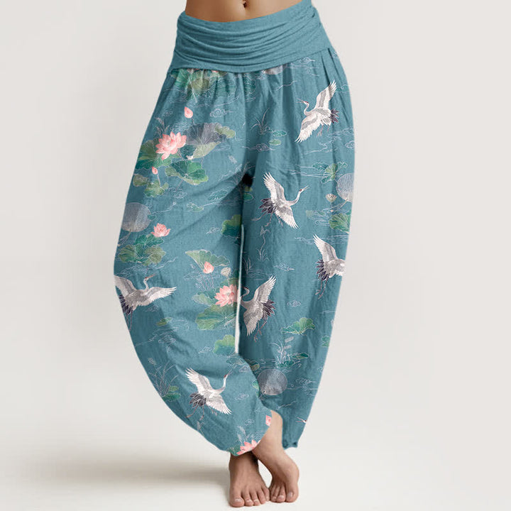 Buddha Stones Pantaloni harem da donna in cotone con elegante motivo a gru e loto, con elastico in vita. - Turchese medio - US16, UK/AU20, EU48 (3XL) - image 8