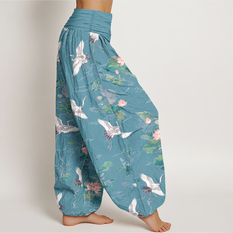 Buddha Stones Pantaloni harem da donna in cotone con elegante motivo a gru e loto, con elastico in vita. - image 9