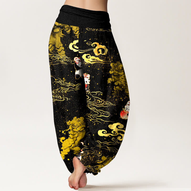 Buddha Stones Pantaloni harem da donna in cotone con motivo "Auspicious Beast Cloud" e vita elasticizzata. - image 1