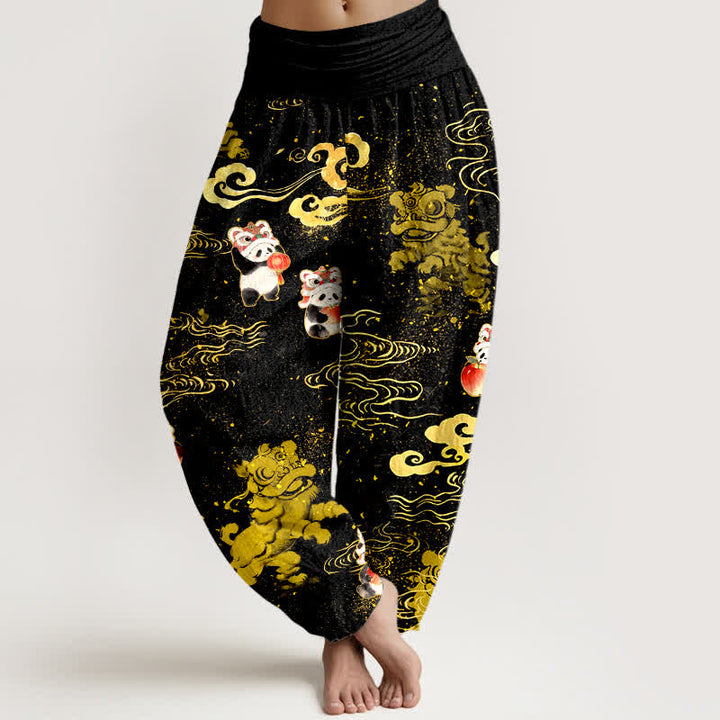 Buddha Stones Pantaloni harem da donna in cotone con motivo "Auspicious Beast Cloud" e vita elasticizzata. - Nero - US16, UK/AU20, EU48 (3XL) - image 0