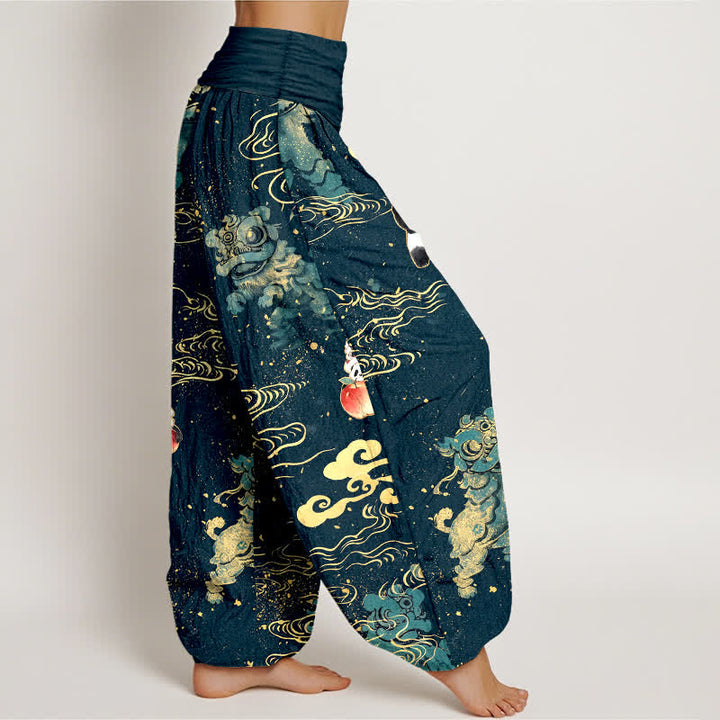 Buddha Stones Pantaloni harem da donna in cotone con motivo "Auspicious Beast Cloud" e vita elasticizzata. - image 6