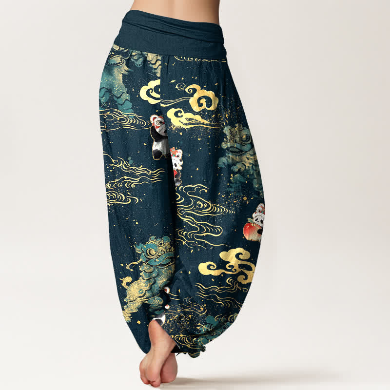 Buddha Stones Pantaloni harem da donna in cotone con motivo "Auspicious Beast Cloud" e vita elasticizzata. - image 7