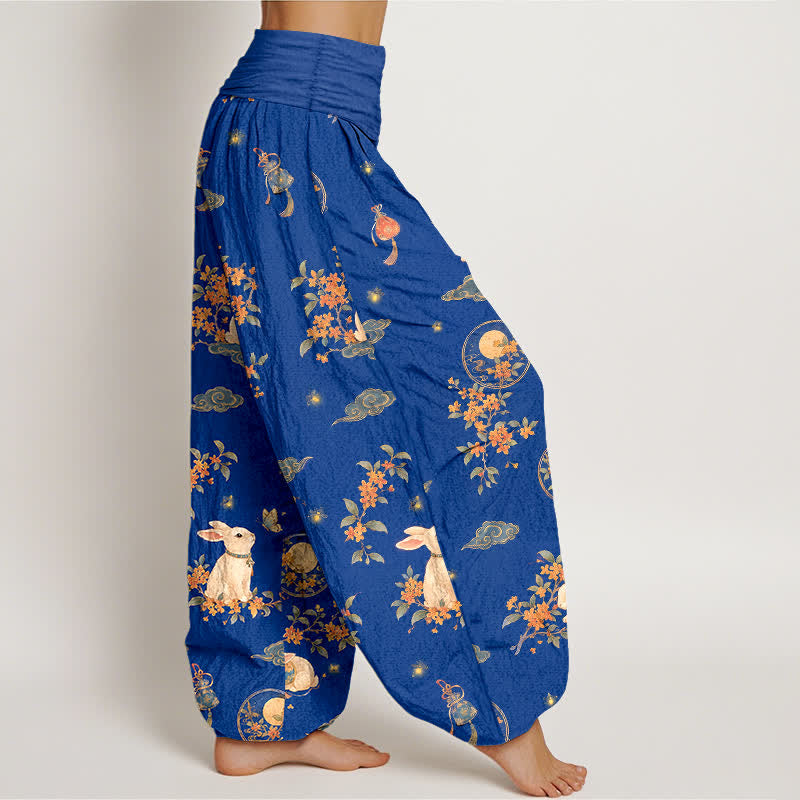 Buddha Stones Pantaloni harem da donna in cotone con motivo floreale e lunare a coniglietti, con elastico in vita. - image 1