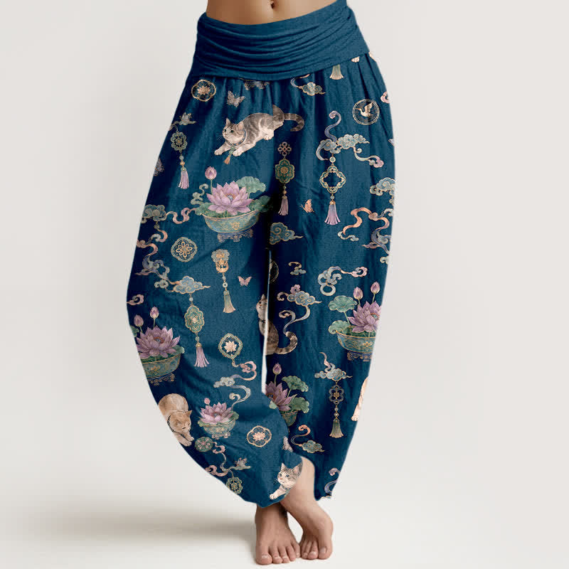 Buddha Stones Pantaloni harem da donna in cotone con motivo gatto loto e nappine, vita elasticizzata. - Marina - US16, UK/AU20, EU48 (3XL) - image 0