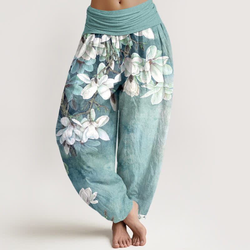 Buddha Stones Pantaloni harem da donna in cotone bianco con fantasia a magnolie e elastico in vita. - Turchese - US16, UK/AU20, EU48 (3XL) - image 0
