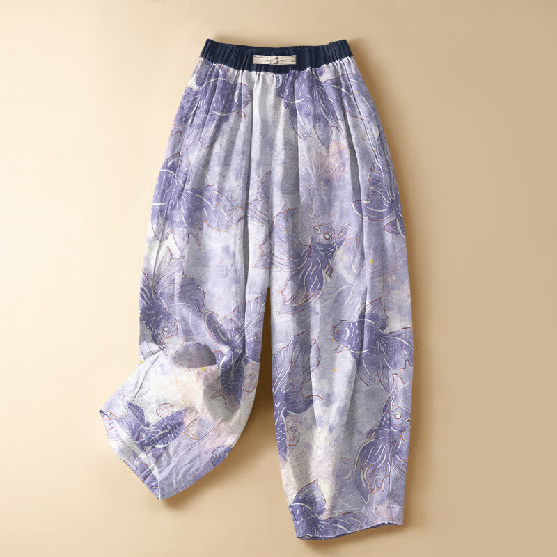 Buddha Stones Pantaloni harem da donna in puro cotone con motivo pesci rossi ad acquerello, bottoni a forma di rana e vita elasticizzata, con tasche. - Lavanda - US16, UK/AU20, EU48 (3XL) - image 0