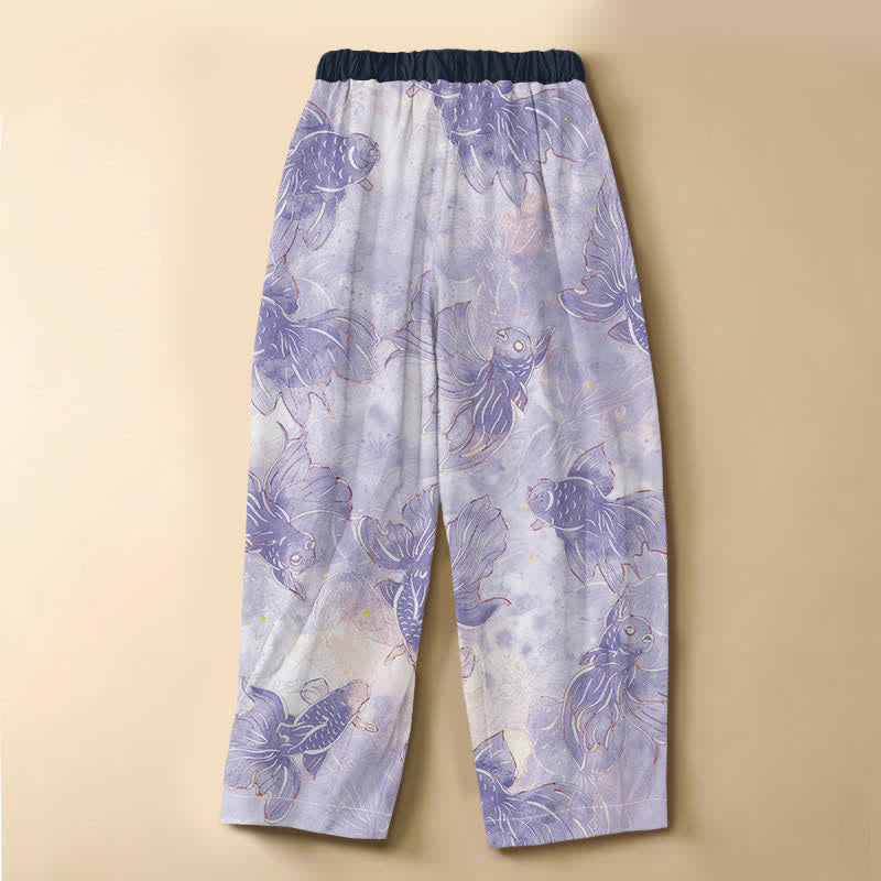 Buddha Stones Pantaloni harem da donna in puro cotone con motivo pesci rossi ad acquerello, bottoni a forma di rana e vita elasticizzata, con tasche. - image 1