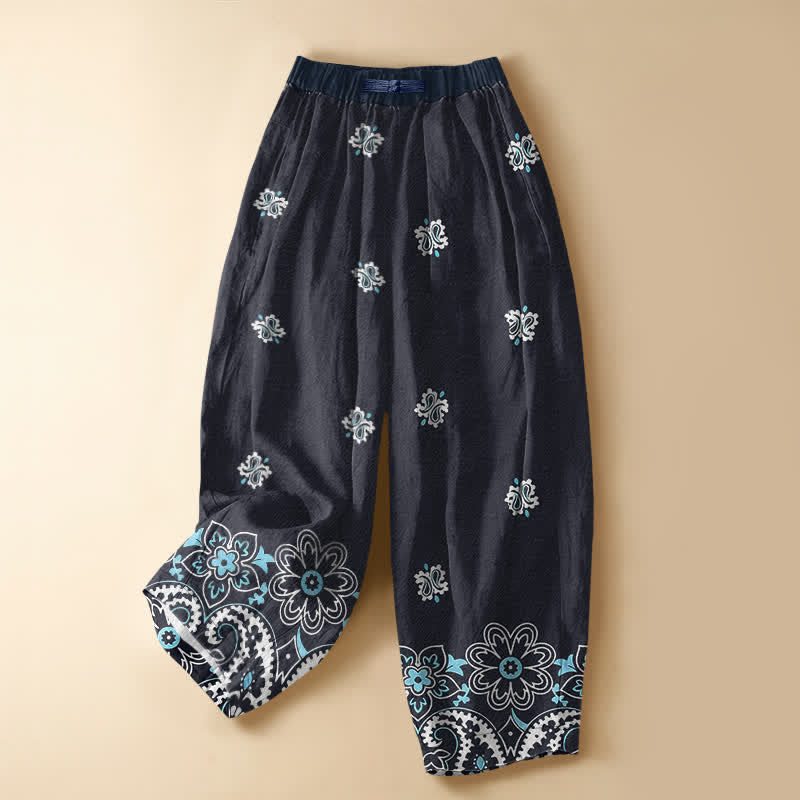 Buddha Stones Pantaloni harem da donna in puro cotone, stile bohémien, con motivo floreale paisley, bottoni a rana e vita elasticizzata, con tasche. - Blu mezzanotte - US16, UK/AU20, EU48 (3XL) - image 0