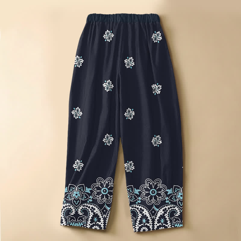 Buddha Stones Pantaloni harem da donna in puro cotone, stile bohémien, con motivo floreale paisley, bottoni a rana e vita elasticizzata, con tasche. - image 1