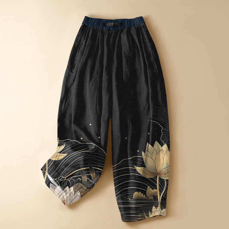 Buddha Stones Pantaloni harem da donna in puro cotone con motivo a onde di loto dorato, bottoni a rana e vita elasticizzata, con tasche. - Nero - US16, UK/AU20, EU48 (3XL) - image 0