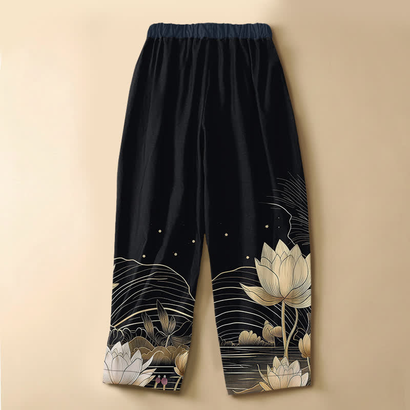 Buddha Stones Pantaloni harem da donna in puro cotone con motivo a onde di loto dorato, bottoni a rana e vita elasticizzata, con tasche. - image 1
