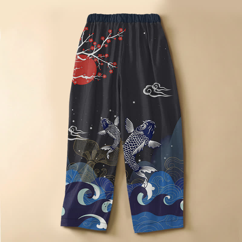 Buddha Stones Pantaloni harem da donna in puro cotone con motivo a onde e koi orientali, bottoni a rana e vita elasticizzata, con tasche. - image 1