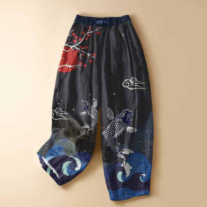 Buddha Stones Pantaloni harem da donna in puro cotone con motivo a onde e koi orientali, bottoni a rana e vita elasticizzata, con tasche. - Nero - US16, UK/AU20, EU48 (3XL) - image 0