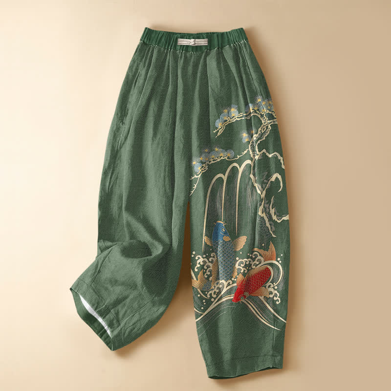 Buddha Stones Pantaloni harem da donna in puro cotone con motivo a cascata di pini e carpe koi, bottoni a forma di rana e vita elasticizzata, con tasche. - Verde mare - US16, UK/AU20, EU48 (3XL) - image 0
