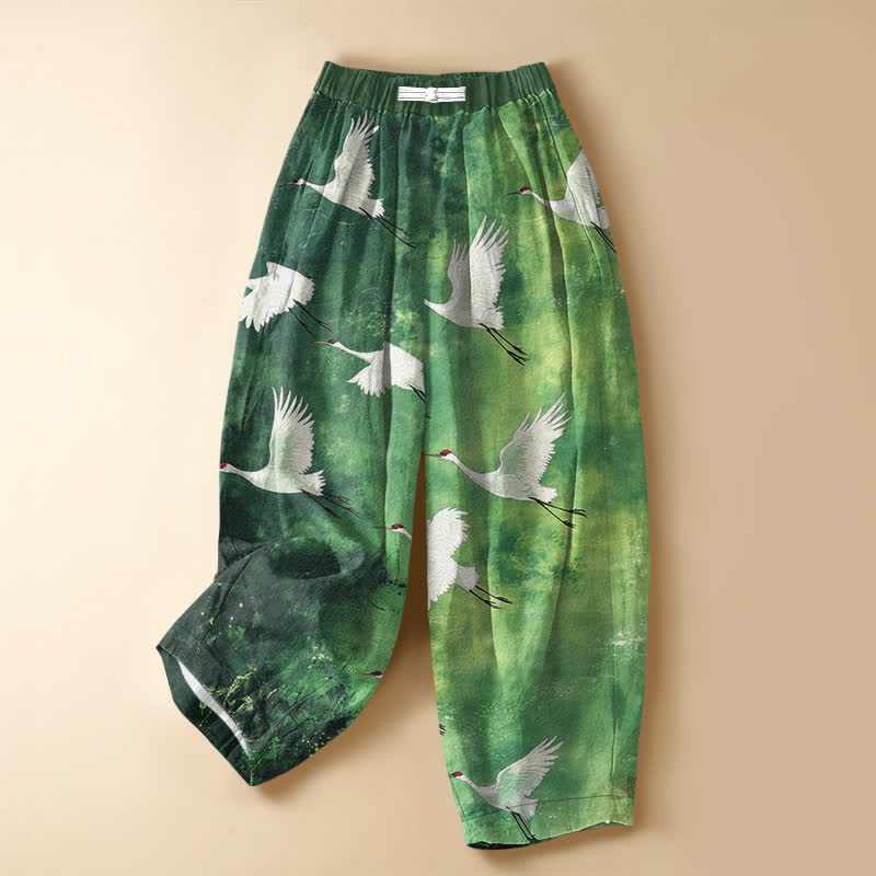 Buddha Stones Pantaloni harem da donna in puro cotone con motivo gru volanti bianche, bottoni a rana e vita elasticizzata, con tasche. - Verde studentesco - US16, UK/AU20, EU48 (3XL) - image 0