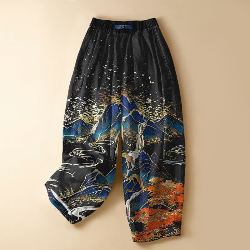 Buddha Stones Pantaloni harem da donna in puro cotone con motivo paesaggio montano orientale, bottoni a rana e vita elasticizzata, con tasche. - Nero - US16, UK/AU20, EU48 (3XL) - image 0