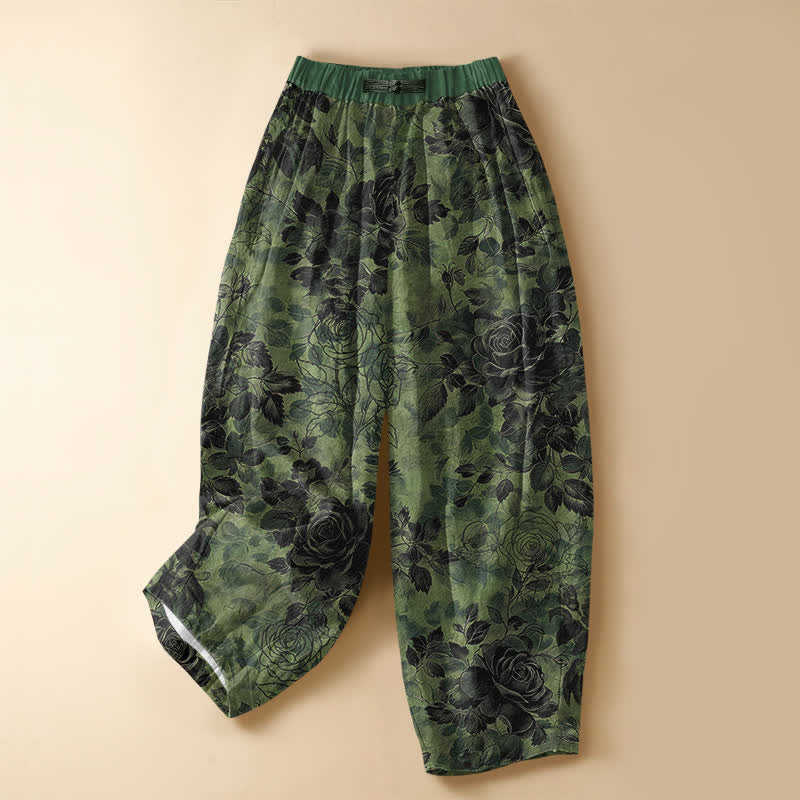 Buddha Stones Pantaloni harem da donna in puro cotone con motivo floreale vintage a rose, bottoni a rana e vita elasticizzata, con tasche. - Verde studentesco - US16, UK/AU20, EU48 (3XL) - image 0