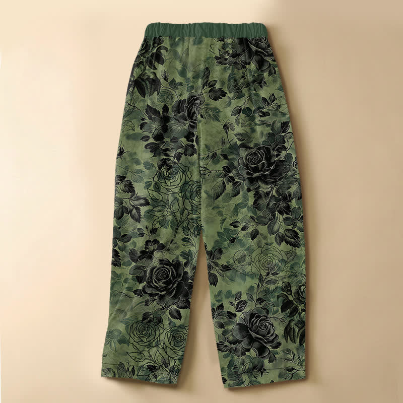 Buddha Stones Pantaloni harem da donna in puro cotone con motivo floreale vintage a rose, bottoni a rana e vita elasticizzata, con tasche. - image 1