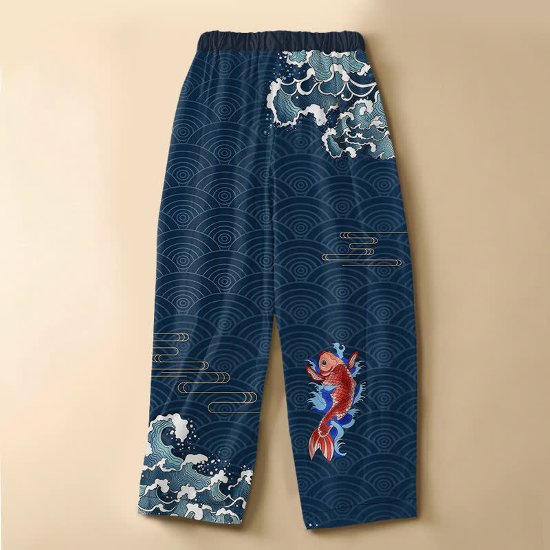 Buddha Stones Pantaloni harem da donna in puro cotone con motivo a onde koi giapponesi, bottoni a rana e vita elasticizzata, con tasche. - image 1
