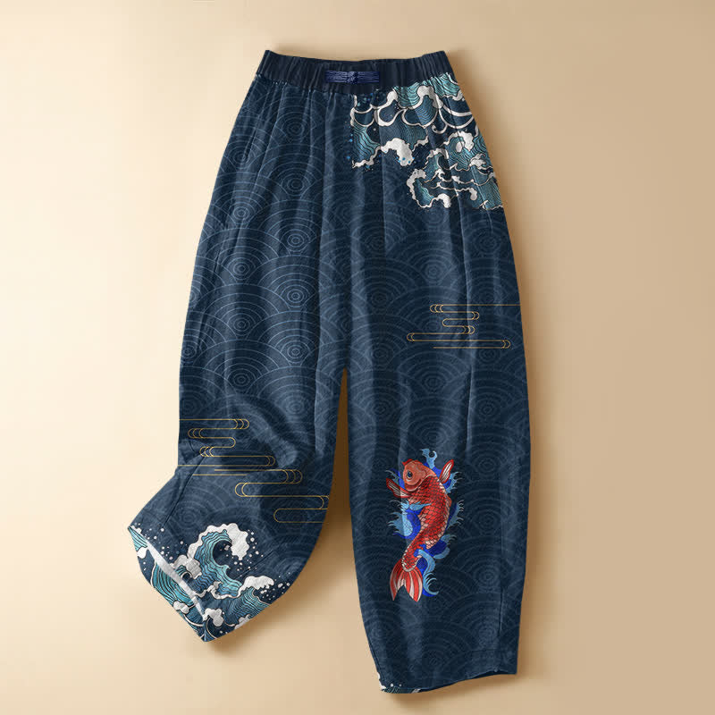 Buddha Stones Pantaloni harem da donna in puro cotone con motivo a onde koi giapponesi, bottoni a rana e vita elasticizzata, con tasche. - Marina - US16, UK/AU20, EU48 (3XL) - image 0