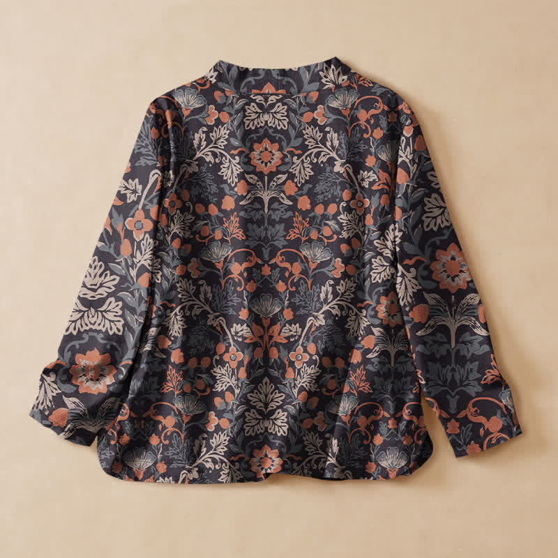 Buddha Stones Camicia da donna a maniche lunghe in cotone stile Hanfu con stampa floreale vintage e motivo a vite, scollo a V e allacciatura a lacci. - image 1