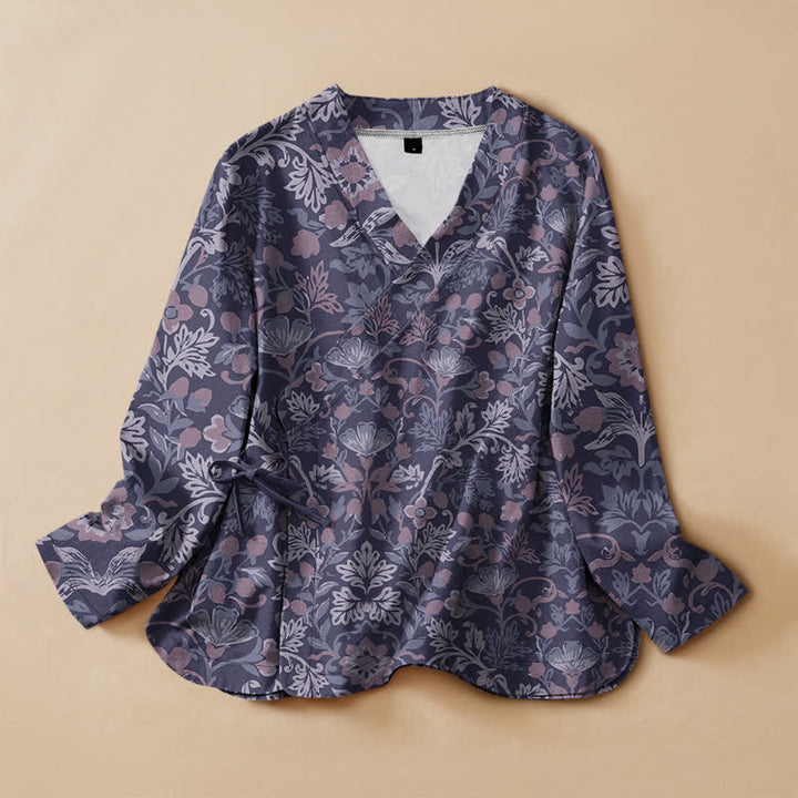 Buddha Stones Camicia da donna a maniche lunghe in cotone stile Hanfu con stampa floreale vintage e motivo a vite, scollo a V e allacciatura a lacci. - Indaco - US16, UK/AU20, EU48 (3XL) - image 5