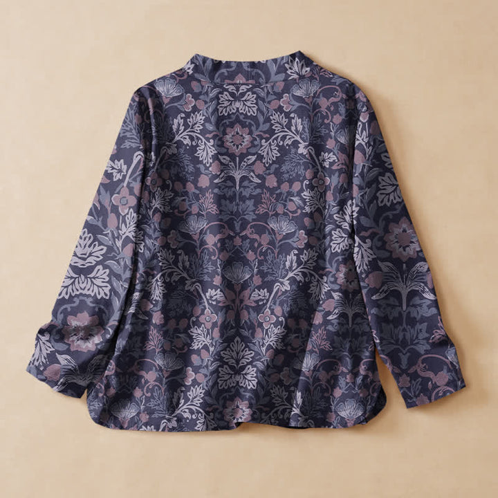 Buddha Stones Camicia da donna a maniche lunghe in cotone stile Hanfu con stampa floreale vintage e motivo a vite, scollo a V e allacciatura a lacci. - image 6