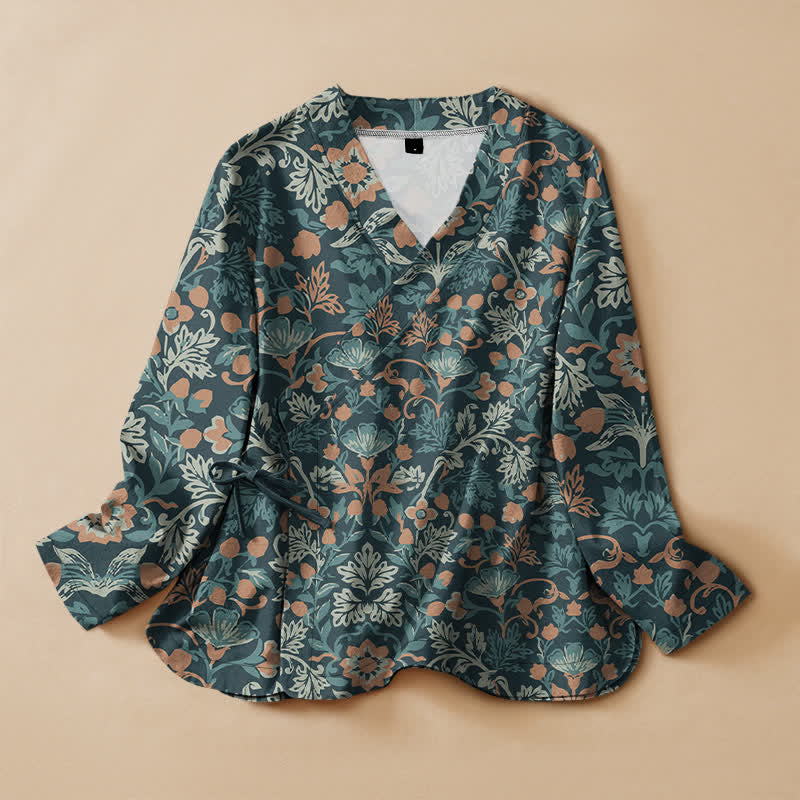 Buddha Stones Camicia da donna a maniche lunghe in cotone stile Hanfu con stampa floreale vintage e motivo a vite, scollo a V e allacciatura a lacci. - Cadetto Blu - US16, UK/AU20, EU48 (3XL) - image 7