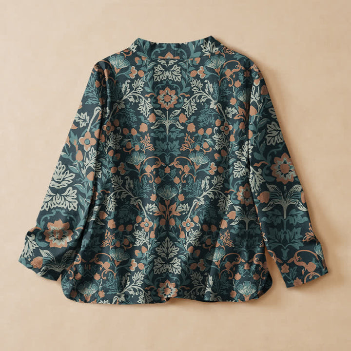 Buddha Stones Camicia da donna a maniche lunghe in cotone stile Hanfu con stampa floreale vintage e motivo a vite, scollo a V e allacciatura a lacci. - image 8