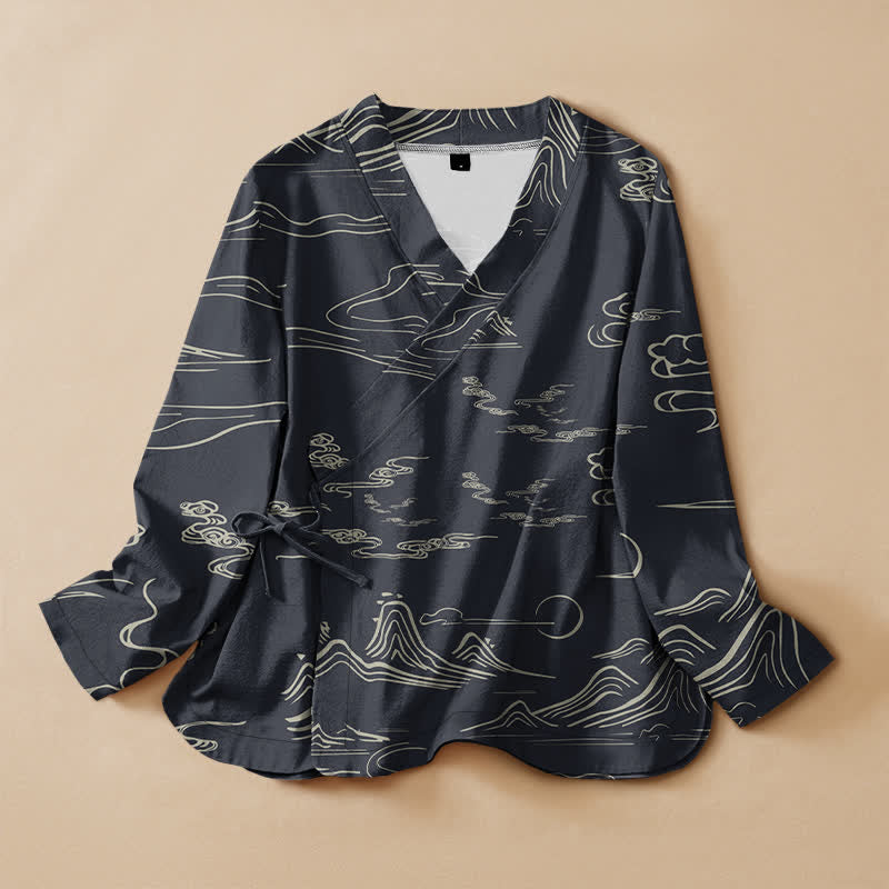 Buddha Stones Camicia da donna a maniche lunghe con scollo a V e allacciatura, in stile Hanfu, con stampa di montagne, nuvole e luna, in cotone. - Grigio ardesia scuro - US16, UK/AU20, EU48 (3XL) - image 0