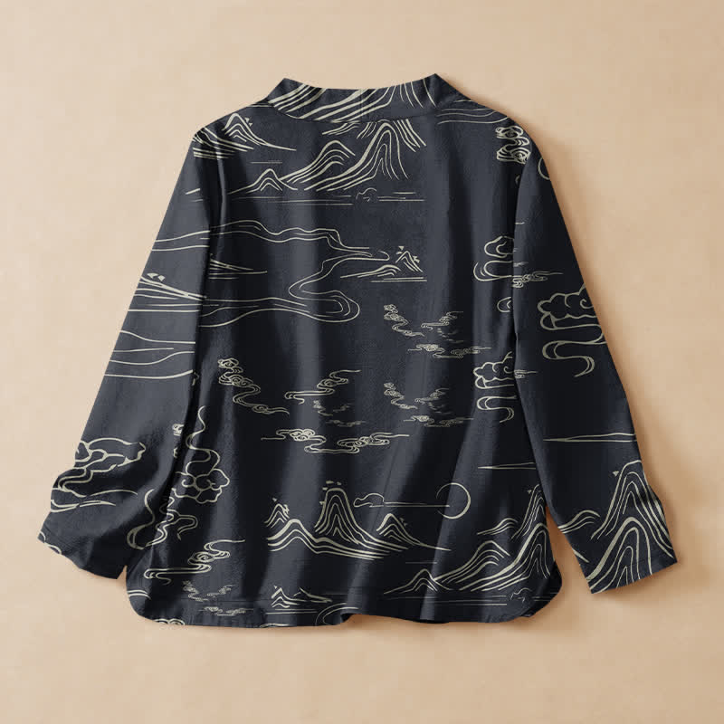 Buddha Stones Camicia da donna a maniche lunghe con scollo a V e allacciatura, in stile Hanfu, con stampa di montagne, nuvole e luna, in cotone. - image 1