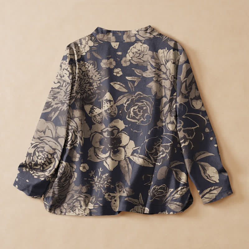 Buddha Stones Camicia da donna a maniche lunghe in cotone stile Hanfu con stampa floreale vintage, scollo a V e allacciatura a lacci. - image 1
