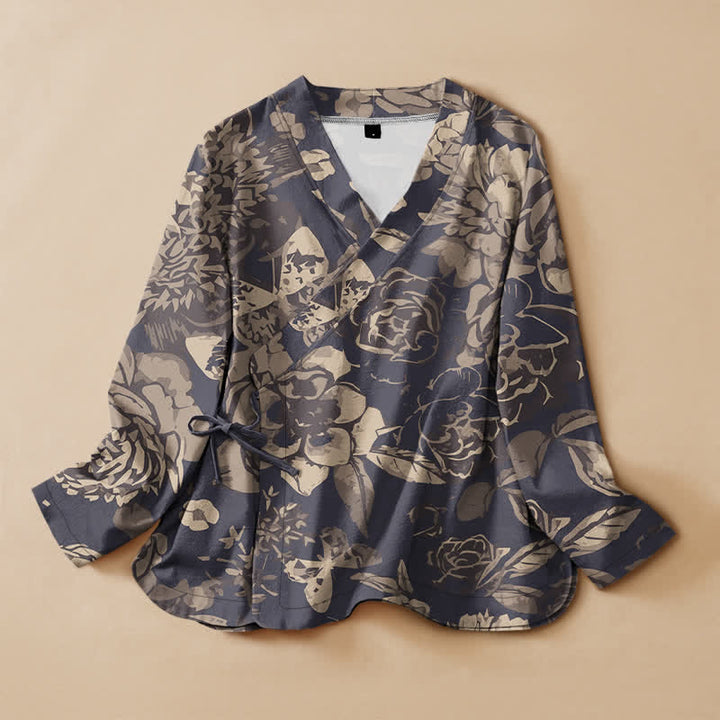 Buddha Stones Camicia da donna a maniche lunghe in cotone stile Hanfu con stampa floreale vintage, scollo a V e allacciatura a lacci. - Blu ardesia scuro - US16, UK/AU20, EU48 (3XL) - image 0