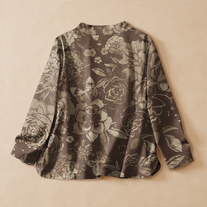 Buddha Stones Camicia da donna a maniche lunghe in cotone stile Hanfu con stampa floreale vintage, scollo a V e allacciatura a lacci. - image 6