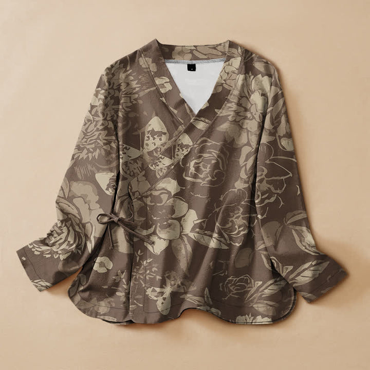 Buddha Stones Camicia da donna a maniche lunghe in cotone stile Hanfu con stampa floreale vintage, scollo a V e allacciatura a lacci. - Oliva - US16, UK/AU20, EU48 (3XL) - image 5