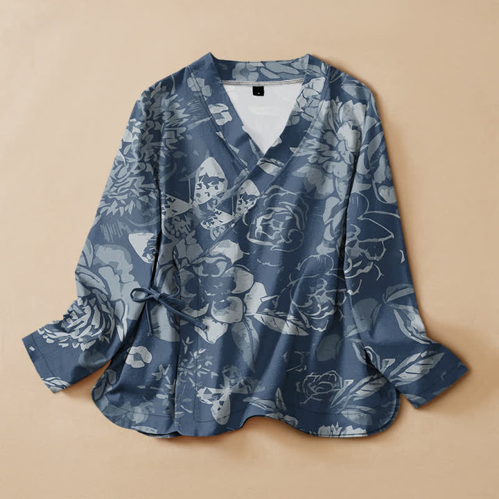 Buddha Stones Camicia da donna a maniche lunghe in cotone stile Hanfu con stampa floreale vintage, scollo a V e allacciatura a lacci. - SteelBlue - US16, UK/AU20, EU48 (3XL) - image 7