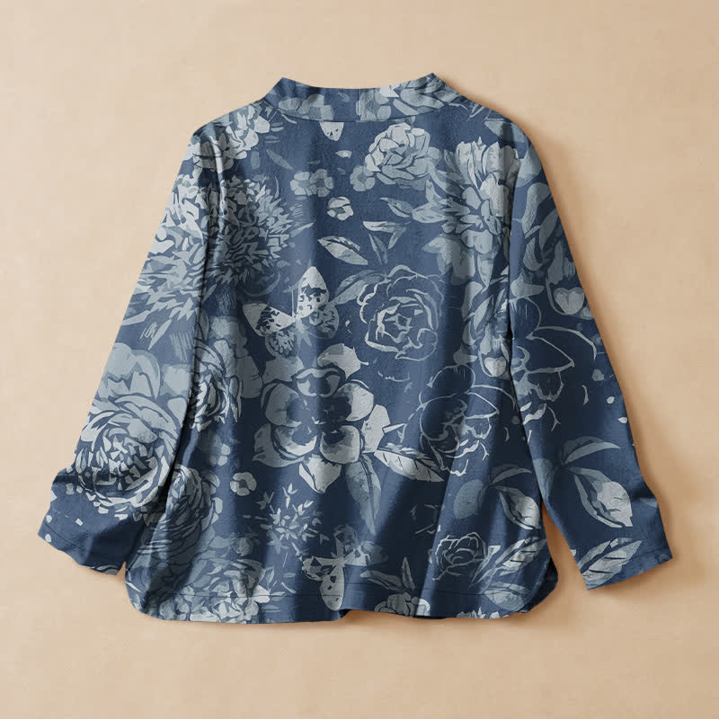 Buddha Stones Camicia da donna a maniche lunghe in cotone stile Hanfu con stampa floreale vintage, scollo a V e allacciatura a lacci. - image 8