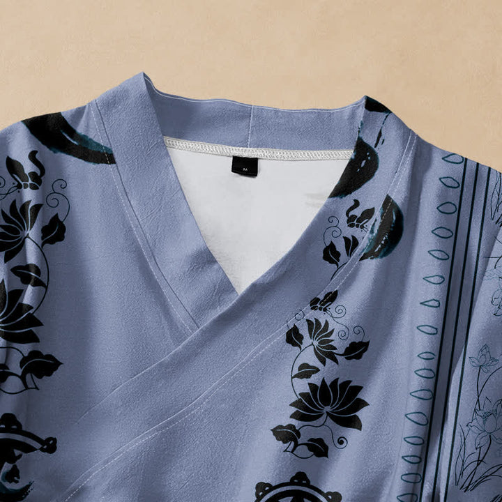 Buddha Stones Kimono da donna a maniche lunghe con scollo a V e allacciatura, in cotone stile boho con motivo floreale e bordo decorativo. - image 2