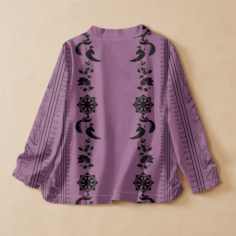 Buddha Stones Kimono da donna a maniche lunghe con scollo a V e allacciatura, in cotone stile boho con motivo floreale e bordo decorativo. - image 6