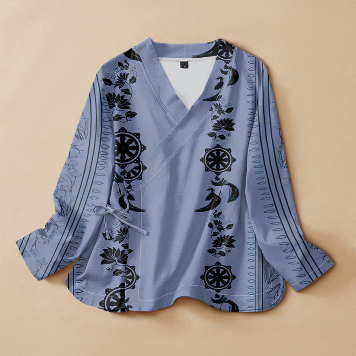 Buddha Stones Kimono da donna a maniche lunghe con scollo a V e allacciatura, in cotone stile boho con motivo floreale e bordo decorativo. - Azzurro cielo chiaro - US16, UK/AU20, EU48 (3XL) - image 0