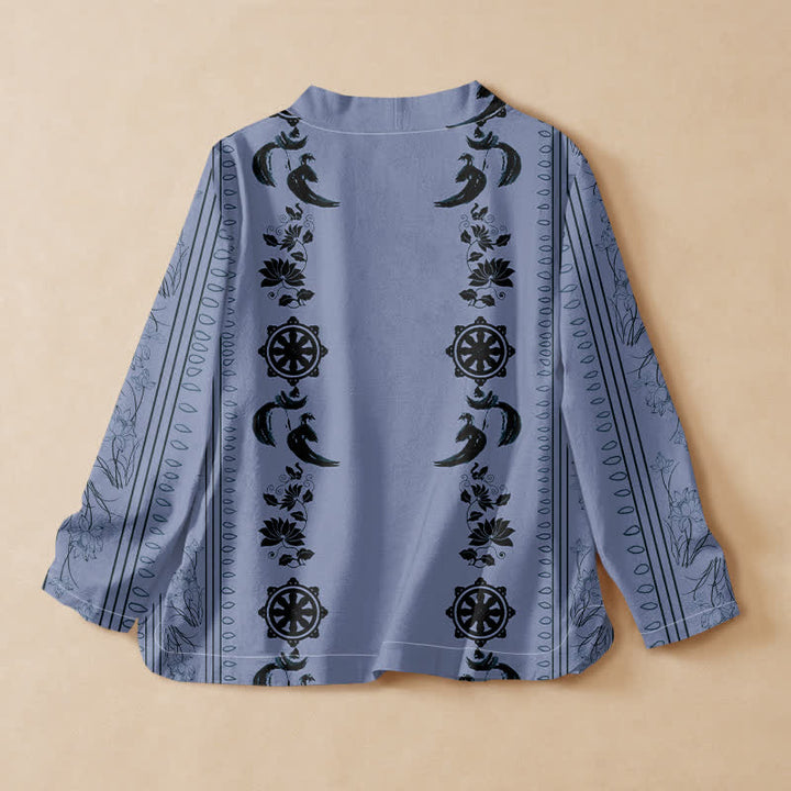 Buddha Stones Kimono da donna a maniche lunghe con scollo a V e allacciatura, in cotone stile boho con motivo floreale e bordo decorativo. - image 1