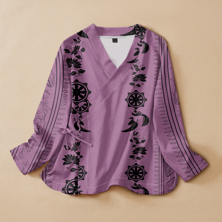 Buddha Stones Kimono da donna a maniche lunghe con scollo a V e allacciatura, in cotone stile boho con motivo floreale e bordo decorativo. - Orchidea media - US16, UK/AU20, EU48 (3XL) - image 5