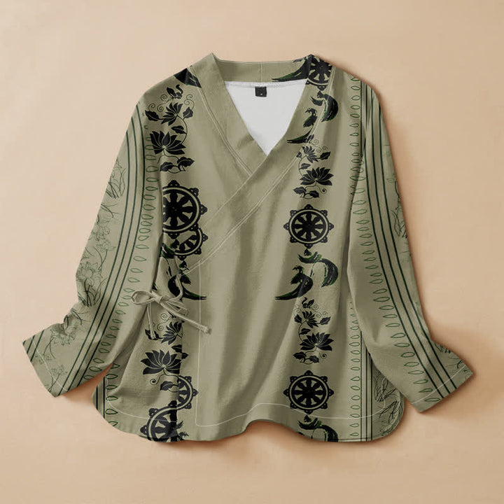 Buddha Stones Kimono da donna a maniche lunghe con scollo a V e allacciatura, in cotone stile boho con motivo floreale e bordo decorativo. - Verde Mare Scuro - US16, UK/AU20, EU48 (3XL) - image 7