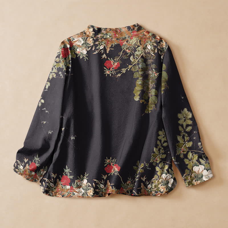 Buddha Stones Kimono da donna a maniche lunghe con scollo a V e allacciatura, in cotone con motivo floreale orientale. - image 1