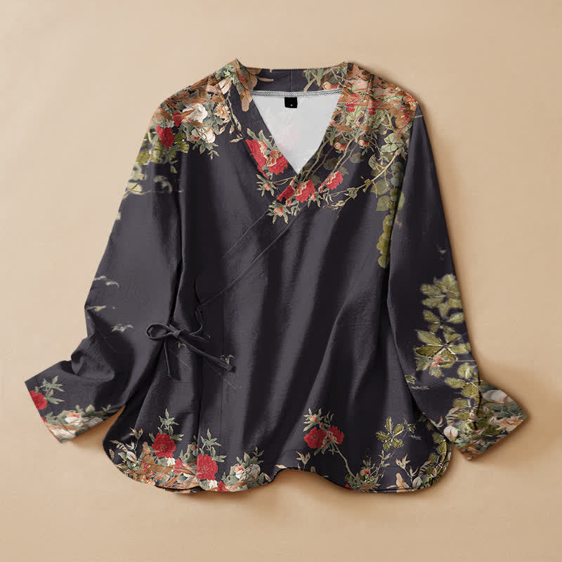 Buddha Stones Kimono da donna a maniche lunghe con scollo a V e allacciatura, in cotone con motivo floreale orientale. - Nero - US16, UK/AU20, EU48 (3XL) - image 0
