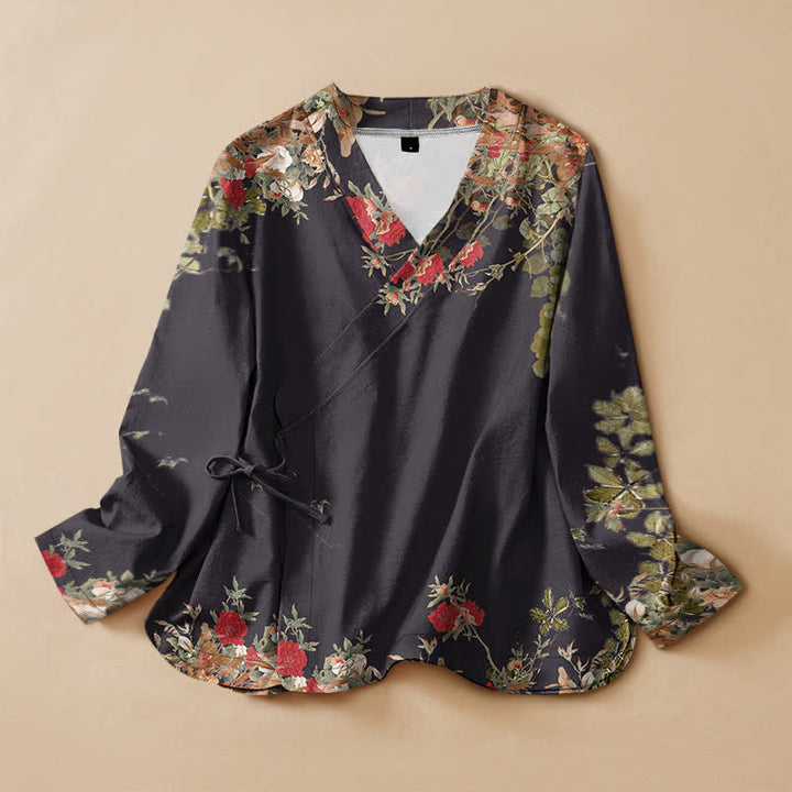Buddha Stones Kimono da donna a maniche lunghe con scollo a V e allacciatura, in cotone con motivo floreale orientale. - Nero - US16, UK/AU20, EU48 (3XL) - image 0