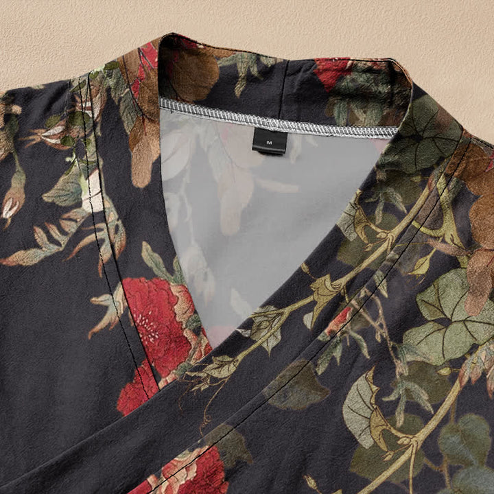 Buddha Stones Kimono da donna a maniche lunghe con scollo a V e allacciatura, in cotone con motivo floreale orientale. - image 2